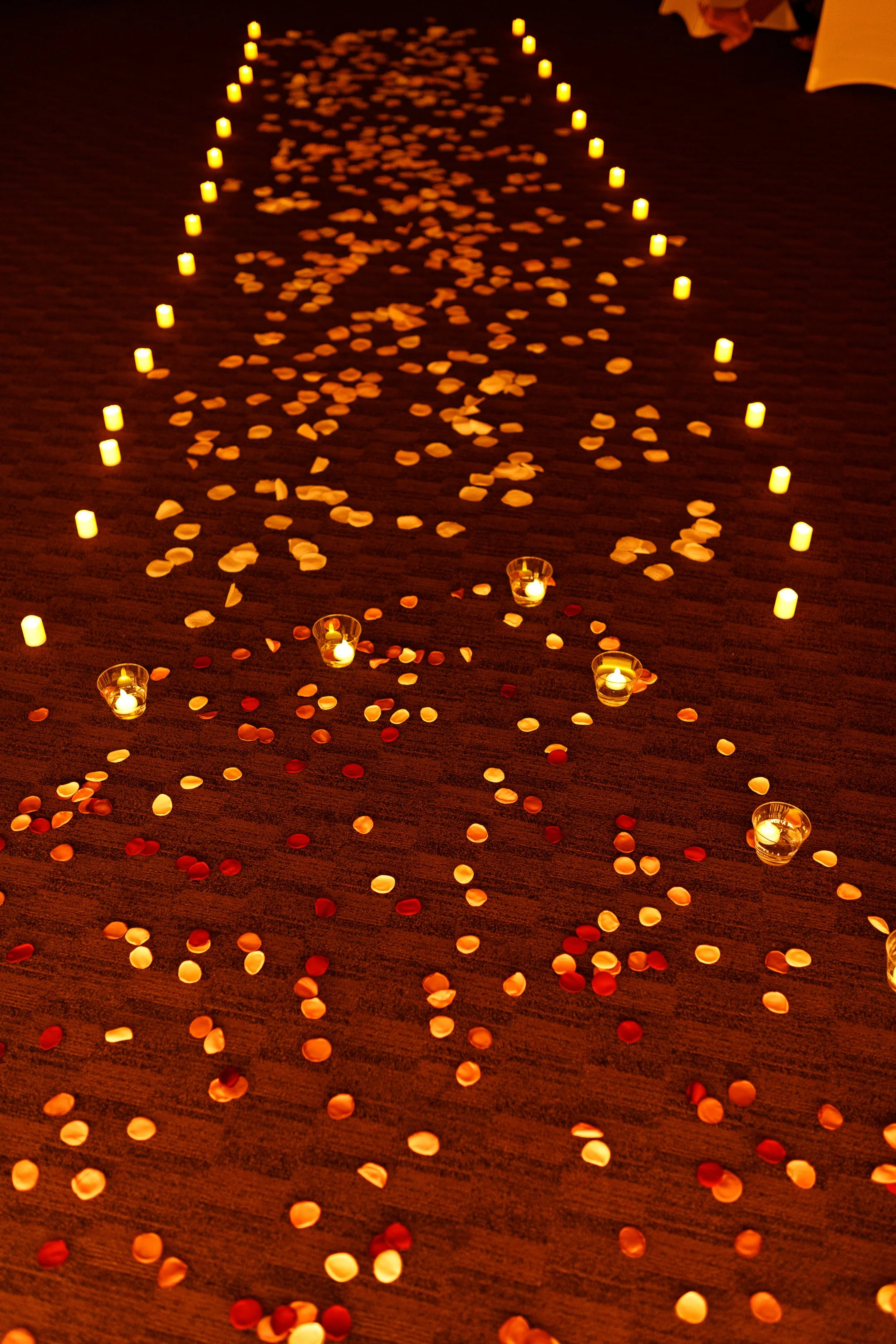 AIA wedding aisle decorated with candles, rose petals, and lanterns at night.