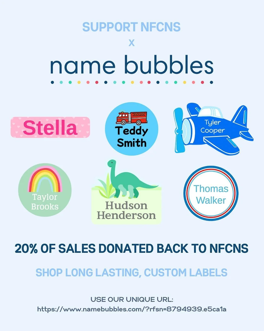 Personalize your stuff with cute labels from @namebubbles and support NFCNS! Use our special link for 20% back to our school 🔗 LINK IN BIO 📚 No more items in the lost and found!