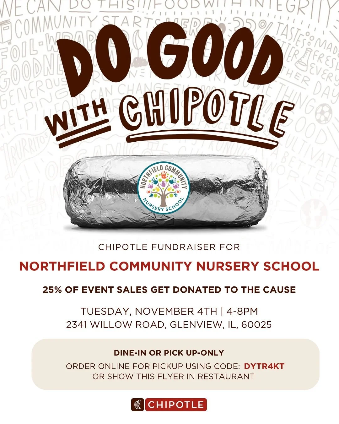 Get ready for a delicious dinner that gives back! Head over to @chipotle on Tuesday, November 4th and 25% of sales will be donated to @nfcns 🌯🌮 For online orders use code: DYTR4KT (dine-in and pick-up only). 
📍2341 Willow Road, Glenview 
⏰ 4-8pm