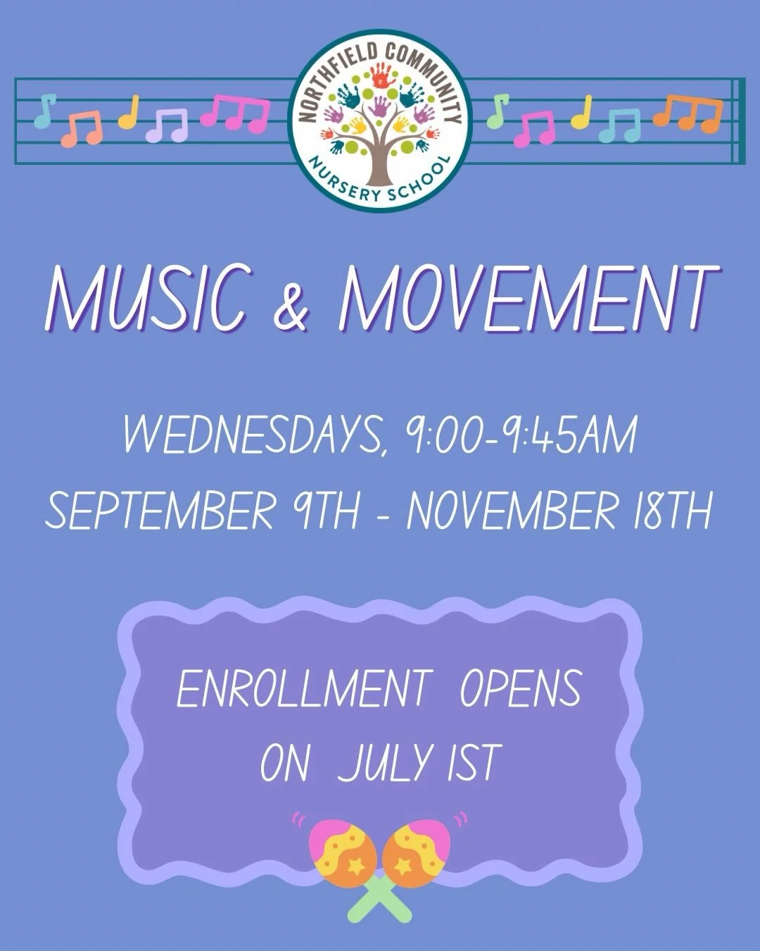 Music and Movement gets grown-ups moving and little ones grooving, with bubbles, bells, shakers, and puppets to keep parents and tots engaged and enthusiastic 🎸🥁🎶🪇 It&rsquo;s a great way to meet other families and get to know NFCNS!

🗓️ Enrollme
