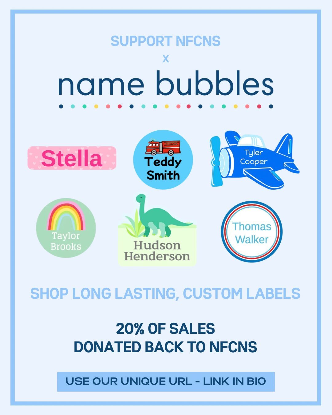 Personalize your stuff with cute labels from @namebubbles and support NFCNS! Use our special link for 20% back to our school 🔗 LINK IN BIO 🎒📚 No more items in the lost and found!