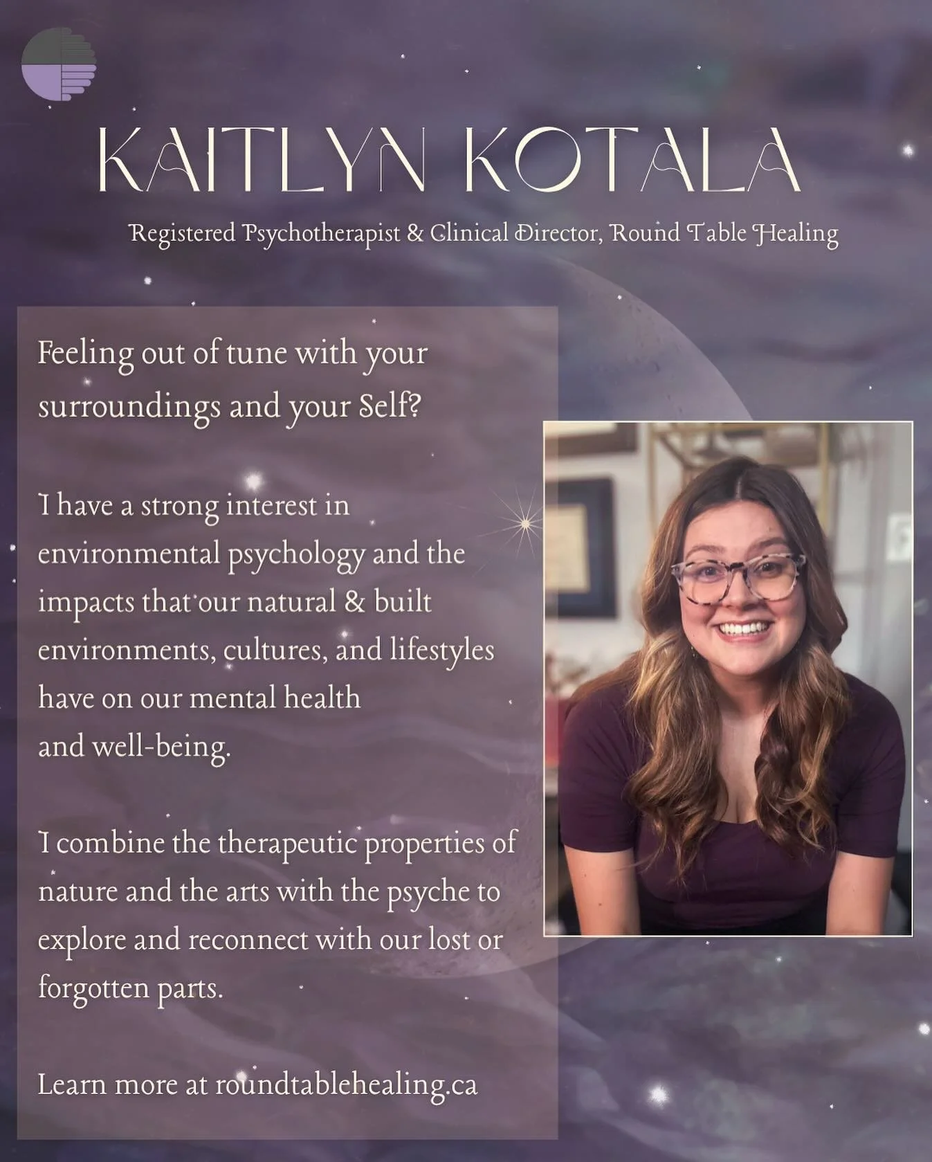 A little reintroduction 💜 ✨ my name is Kaitlyn and I am the face behind Round Table Healing. I am a Registered Psychotherapist in Thunder Bay, ON and I offer various services like individual therapy, relationship therapy, family therapy, therapeutic