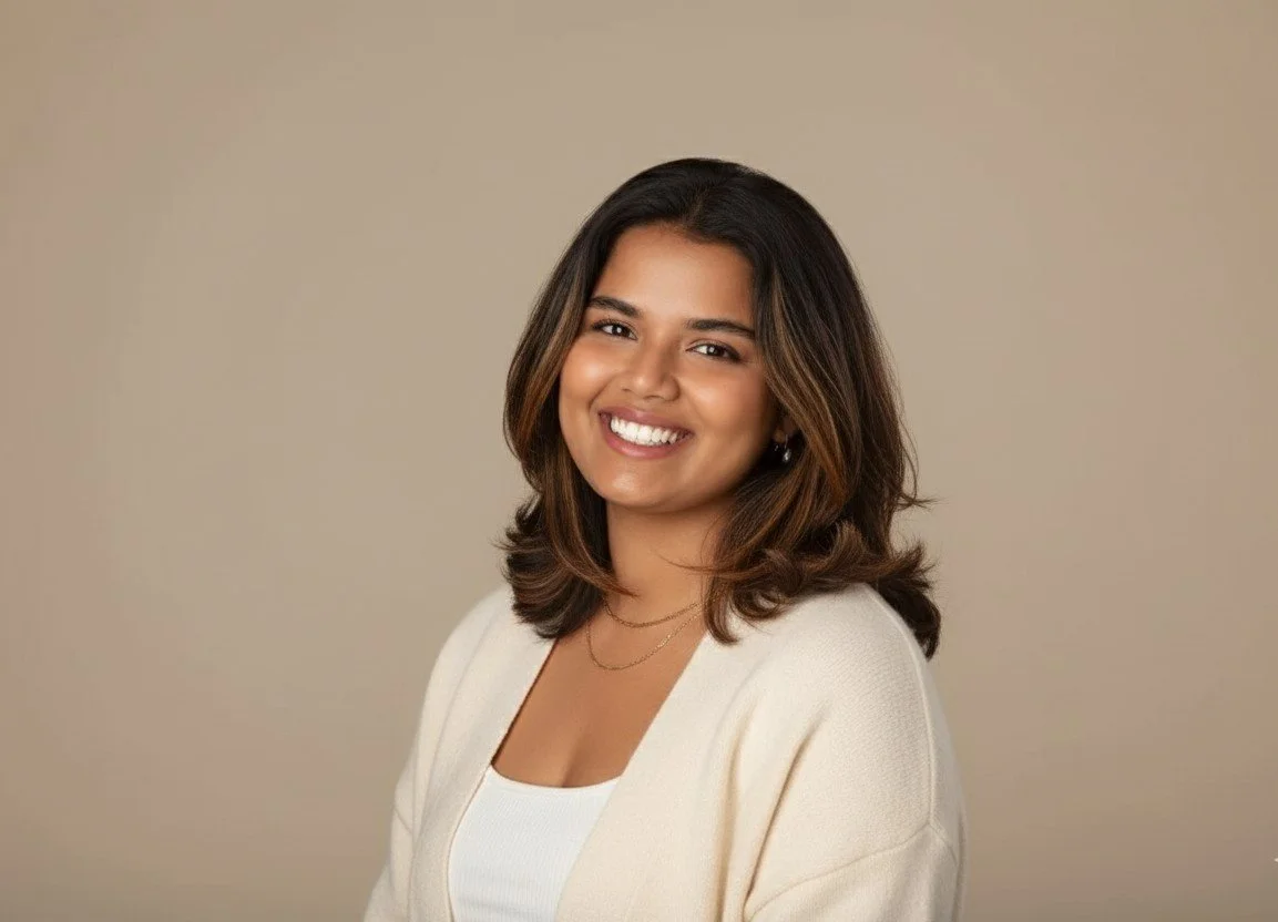 A young woman with shoulder-length brown hair, smiling, wearing a white top and a light beige cardigan, standing against a plain beige background.