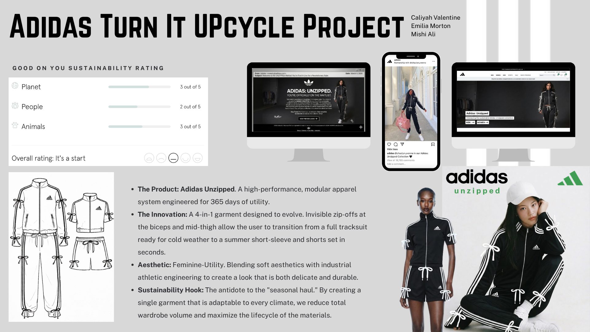 adidas UNZIPPED: Worked with a team of 3 to come up with a campaign pitch/product launch focused on sustainability and recycled materials. (mockups generated using AI from original human-made designs overlayed on real models)