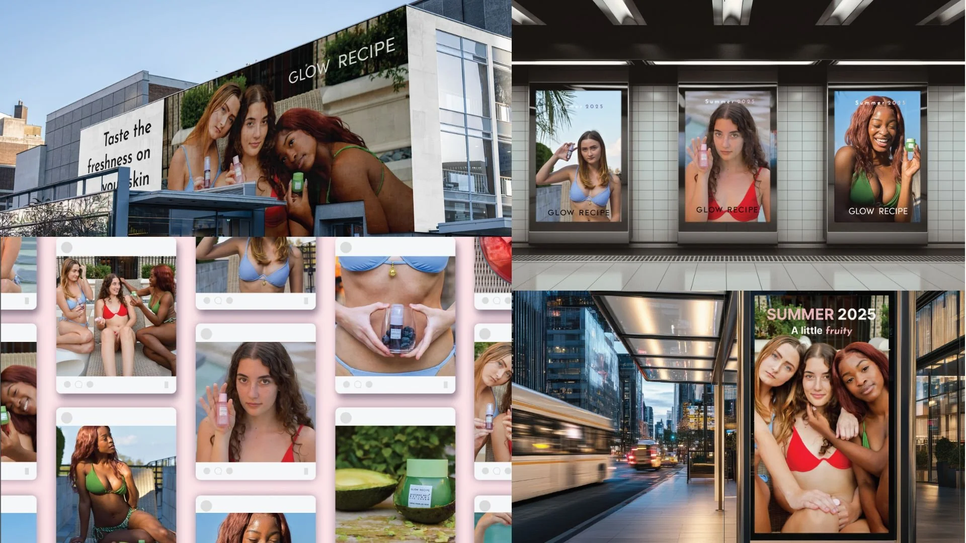 Mock-editorial campaign for Glow Recipe. Director: Mishi Ali; Models: Natalia Hotos, Caitlyn Miller, Kyla Harrod; Creative Assist: Juliet Clay, Yiyan Huang, Juliet Clay, Alexa Bankeroff; Photographer: Francisco Micheli. (billboard mockups used AI, bu