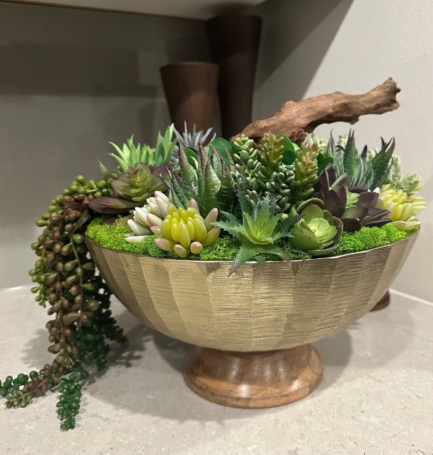 Succulent Design in Gold Metal and Wood Circular Vase - Side View 1