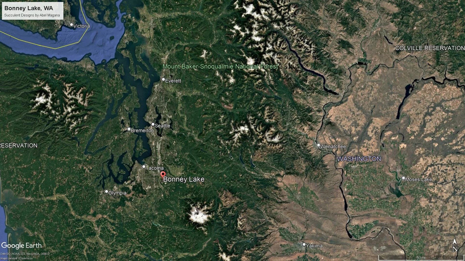 Satellite map showing the area around Bonney Lake, Washington, with locations like Seattle, Tacoma, Olympia, and Mount Baker-Snoqualmie National Forest. The map includes lakes, rivers, mountain ranges, and nearby forests.