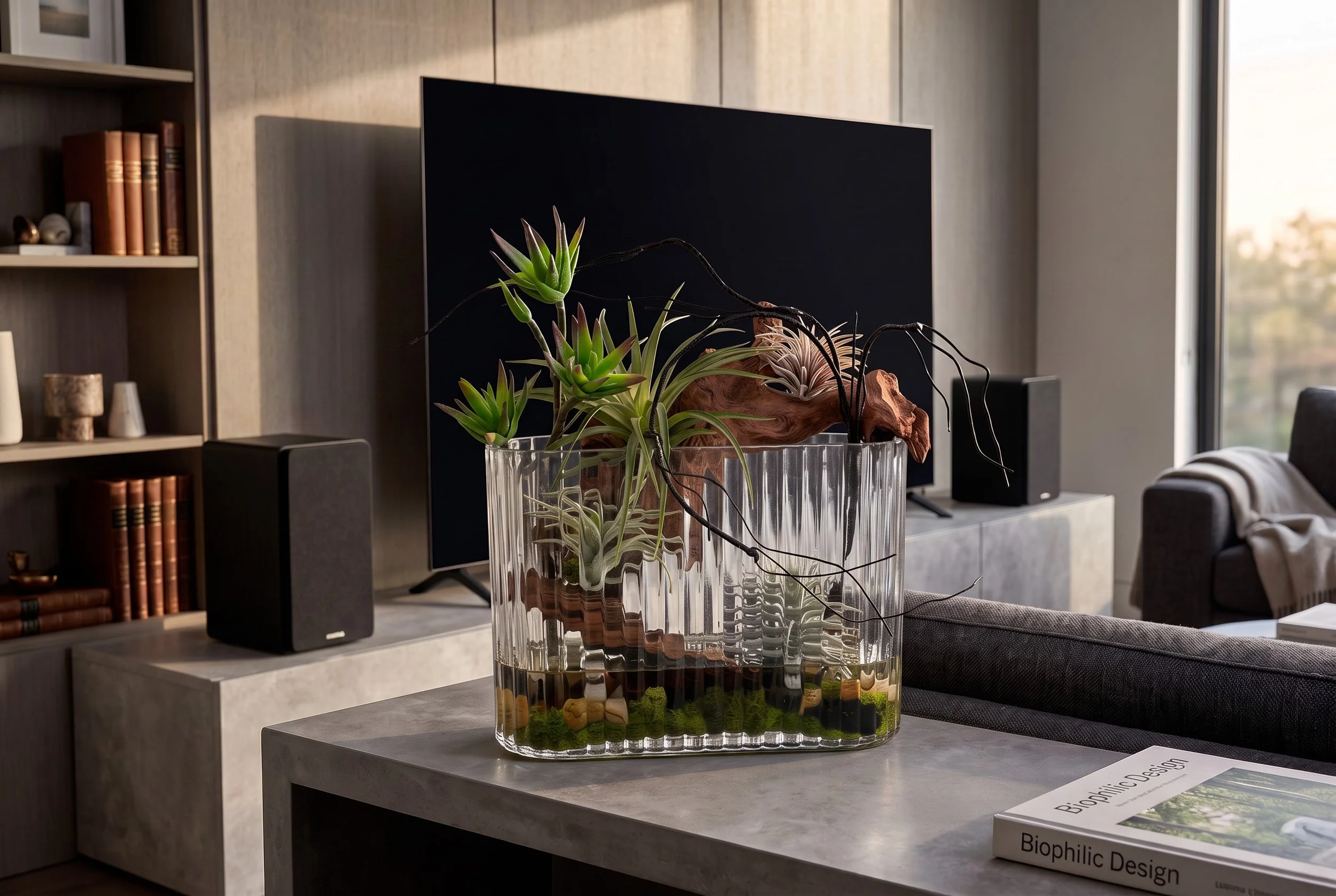 Crystal Vista | Designer Artificial Succulent Arrangement in Clear Oval Tall Glass Vase | Contemporary Centerpiece | Housewarming Gift