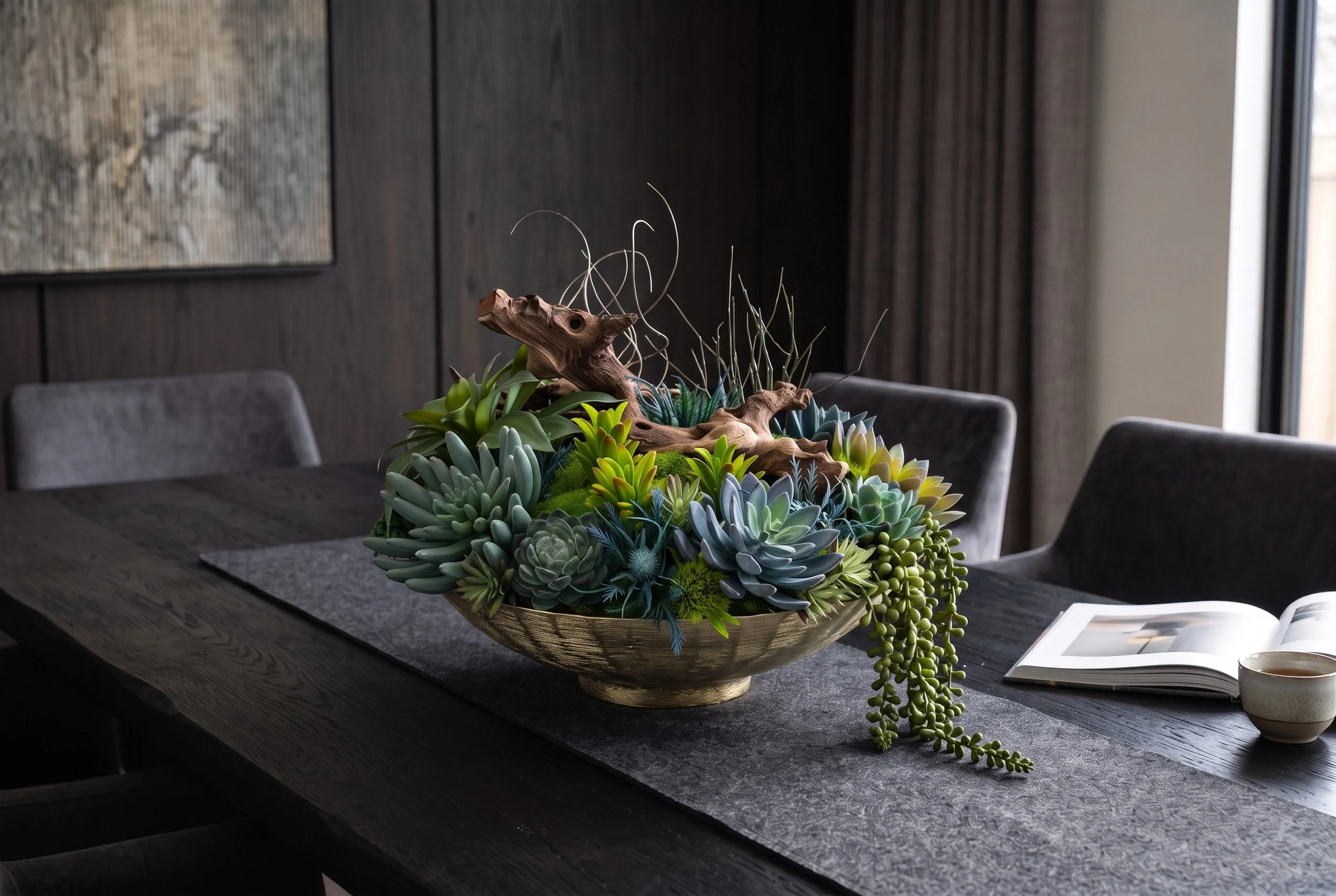 Golden Summit | Designer Artificial Succulent Arrangement in Gold Circular Textured Metal Vase | Statement Centerpiece | Executive Office Decor