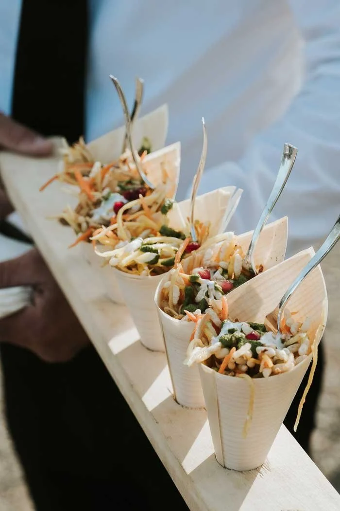 Appetizer size chaat in bamboo cones