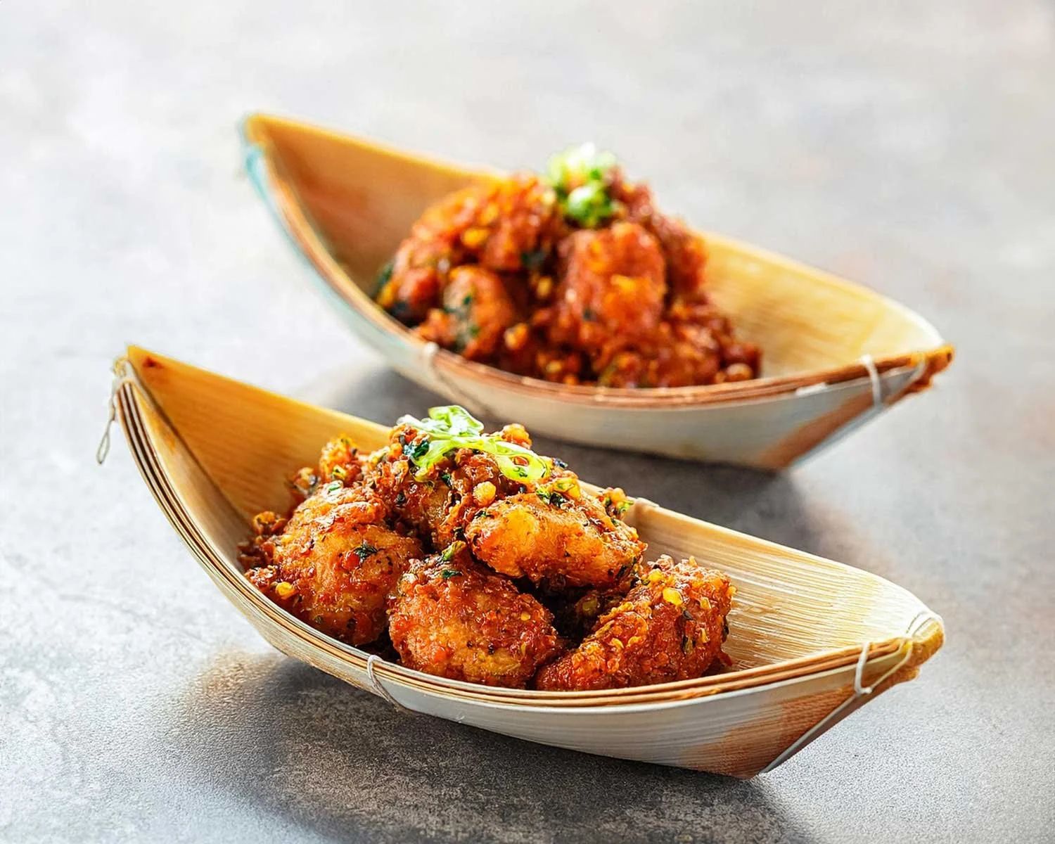 Breaded Chicken 65 in bamboo boats for a party