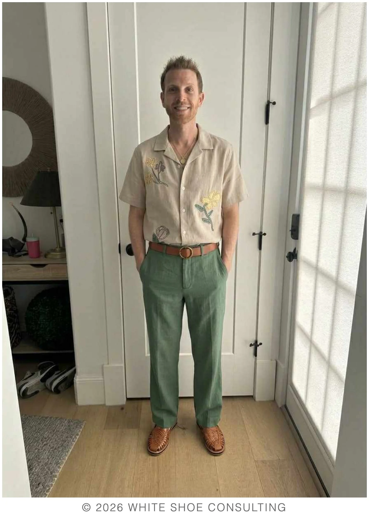 AI outfit mockup with cream camp shirt and green trousers