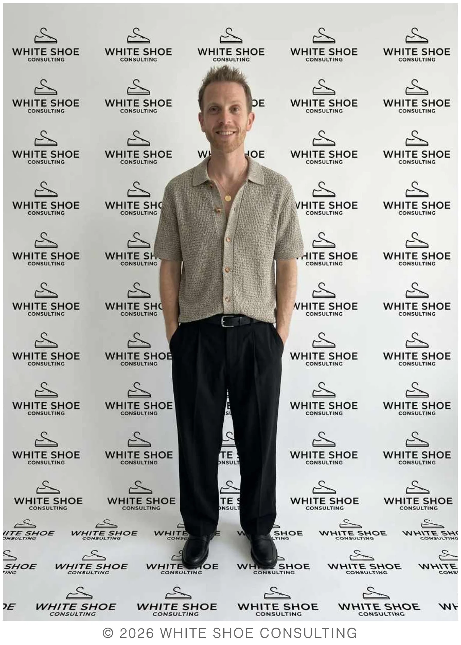 AI outfit mockup with textured knit polo and black trousers