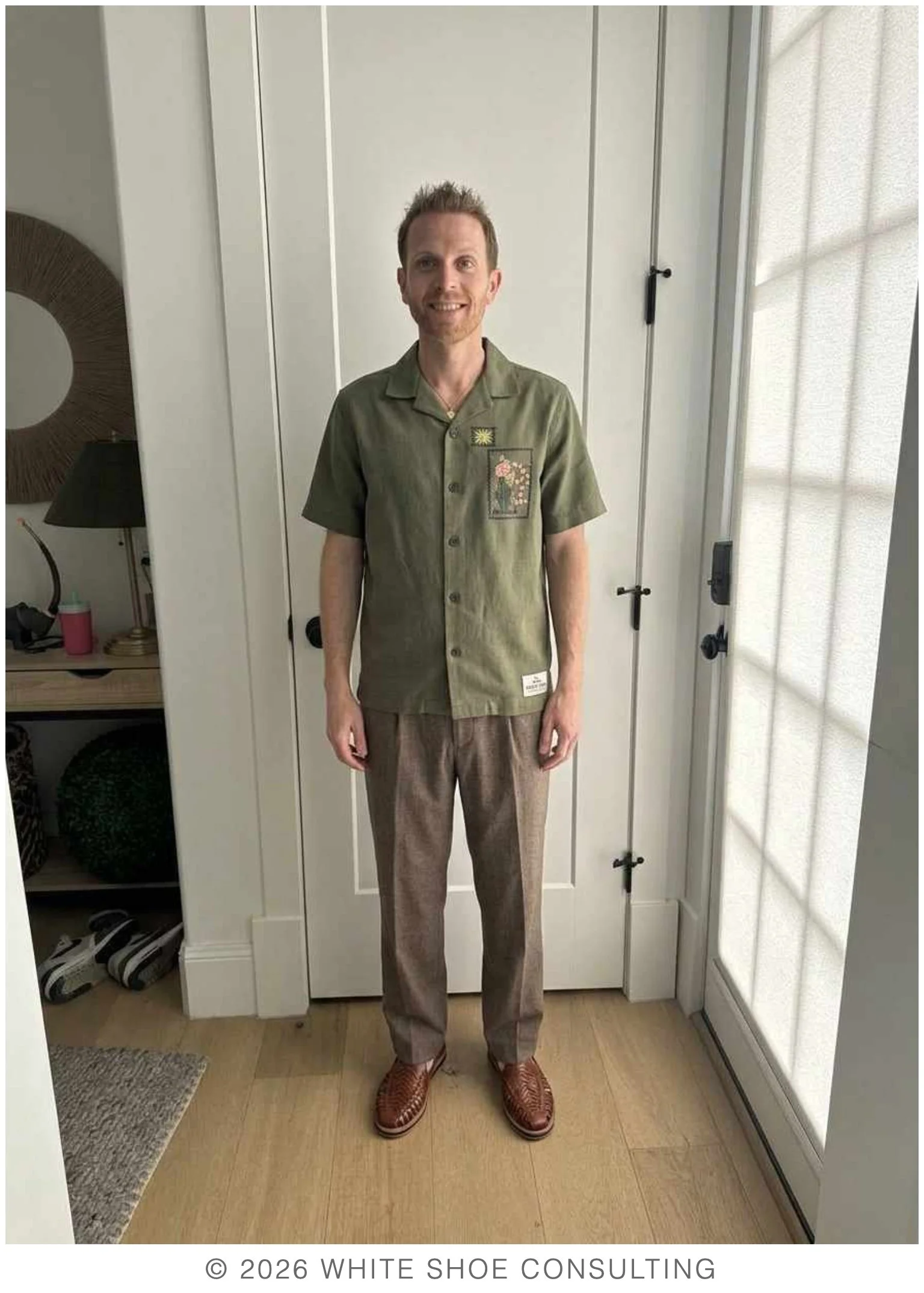 AI outfit mockup with olive camp shirt and brown trousers