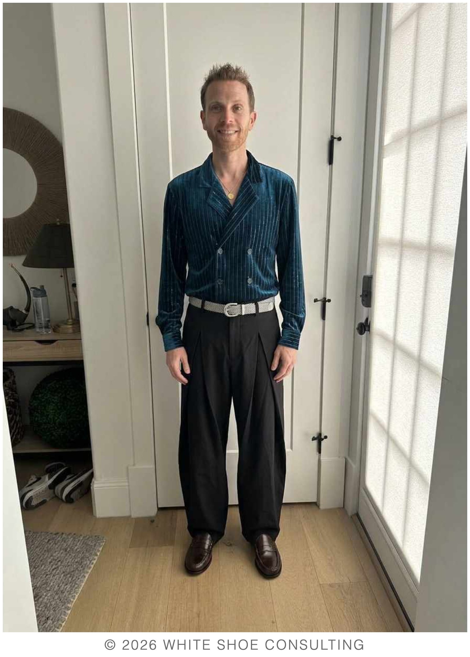 AI outfit mockup with blue sequined shirt and black pleated trousers