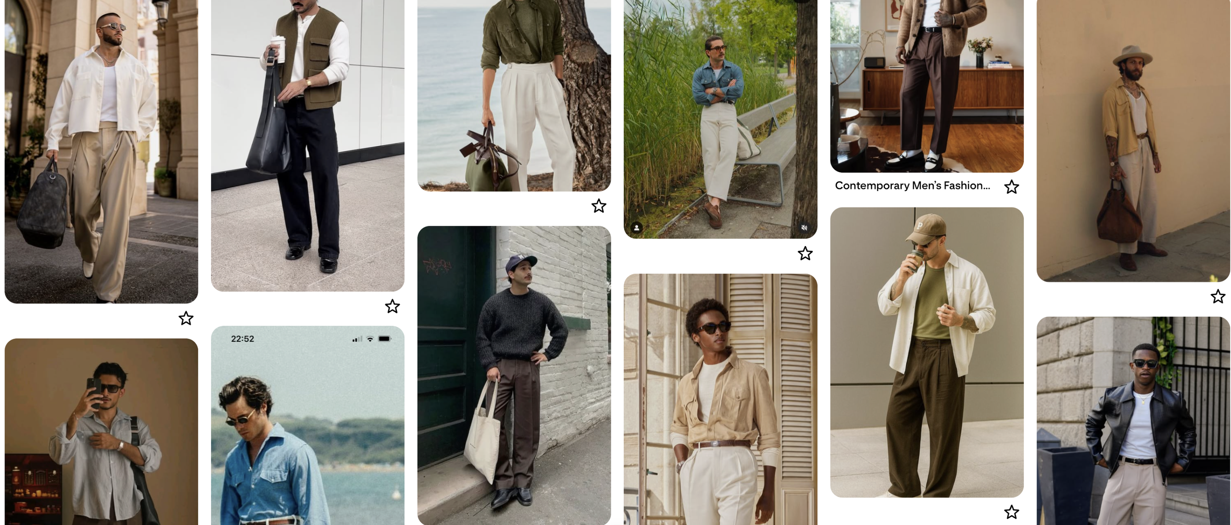 Pinterest board with men’s resort-inspired outfits, relaxed tailoring, cream trousers, knit shirts, and neutral styling inspiration.