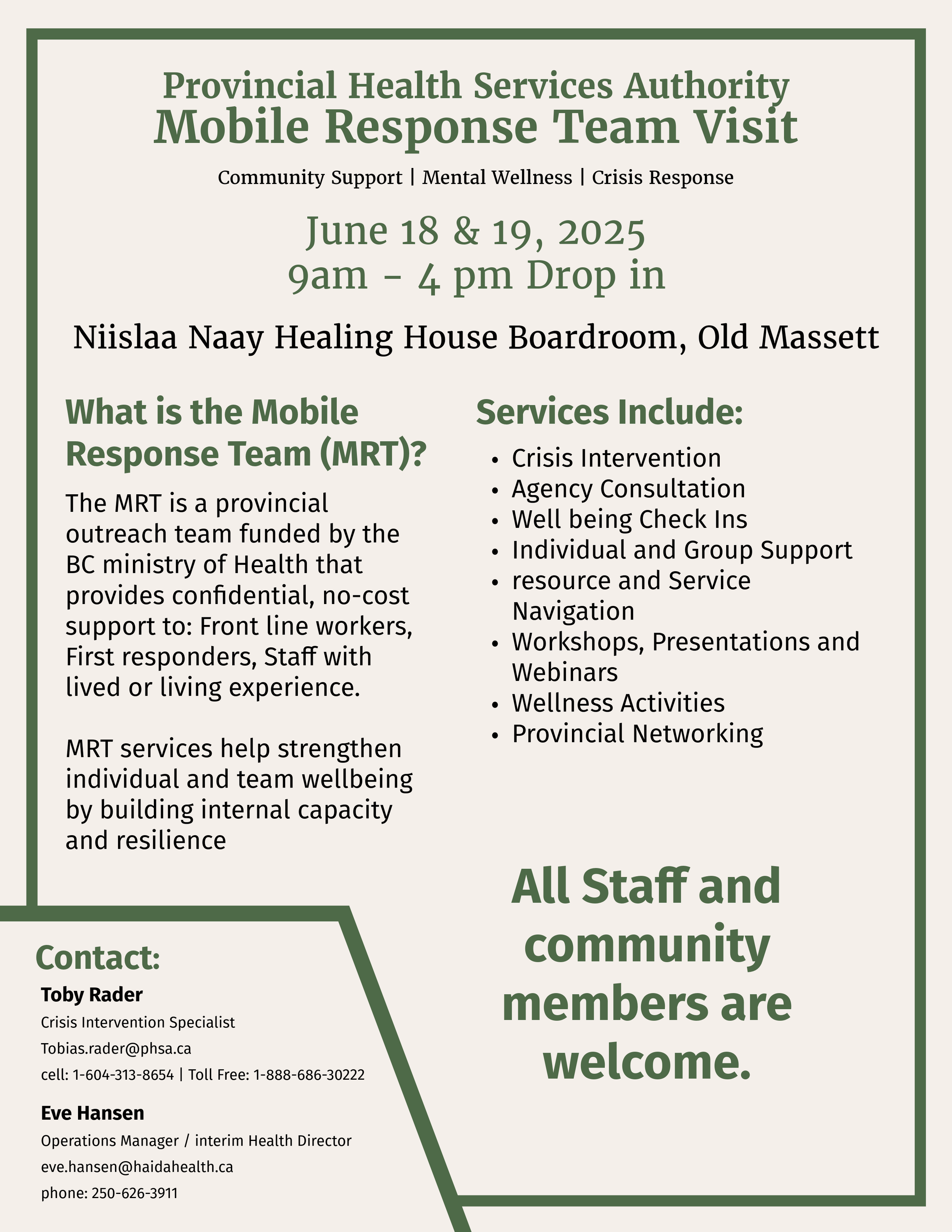 PHSA Mobile Response Team (MRT) June 18 & 19, 2025