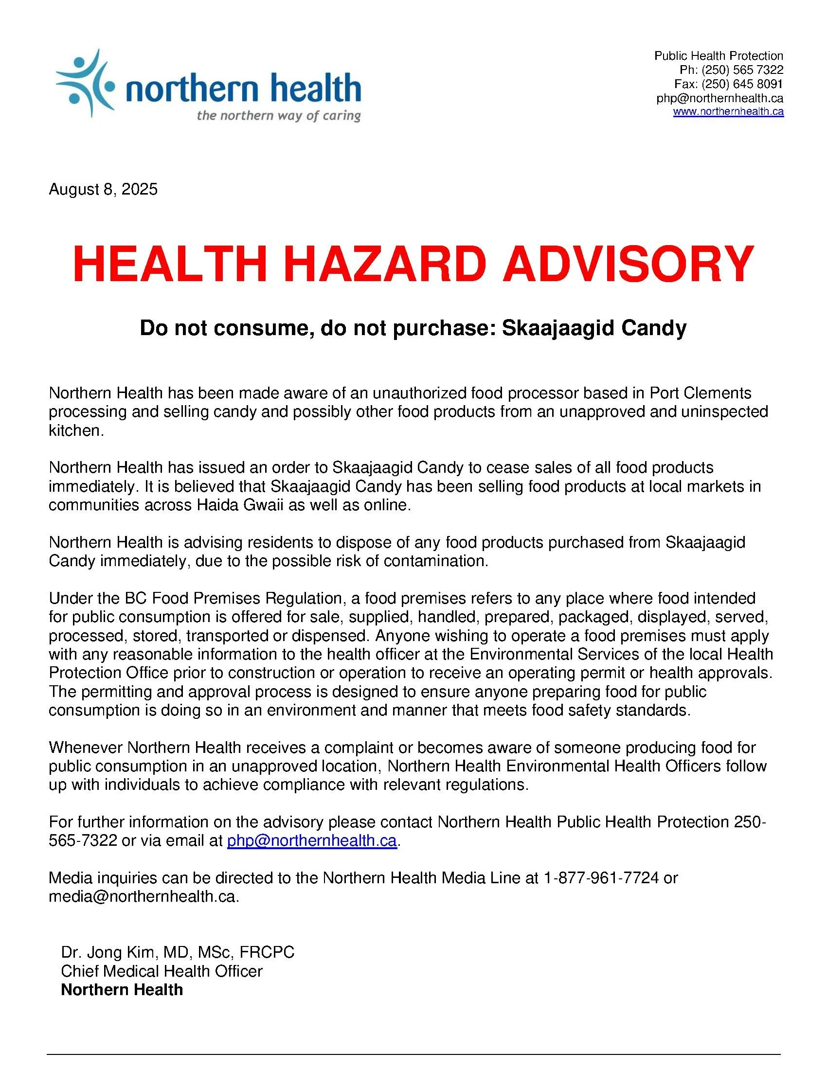 Health Hazard Advisory (Northern Health)