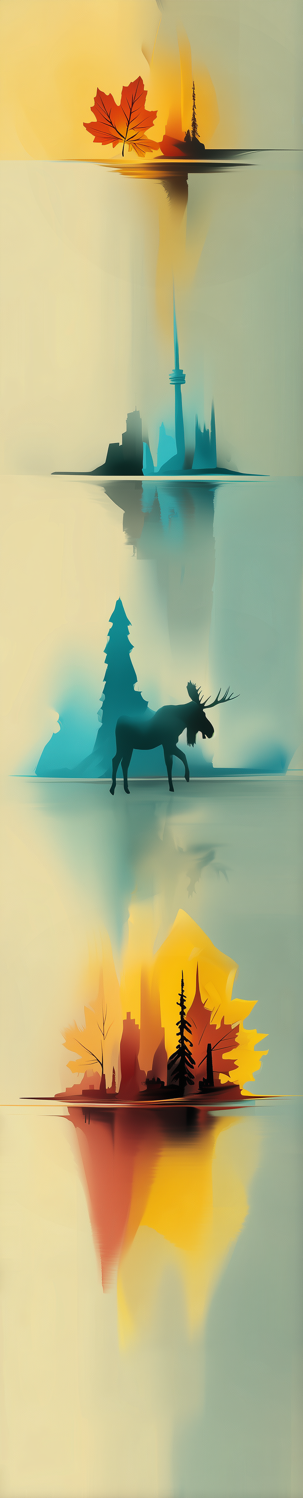 A vertical watercolor-style illustration depicting four seasonal landscape scenes. The top scene shows a red maple leaf and a sunset. The second scene features a city skyline with a tall tower. The third scene displays a moose and pine trees. The bottom scene illustrates a forest with autumn leaves and a sunset.