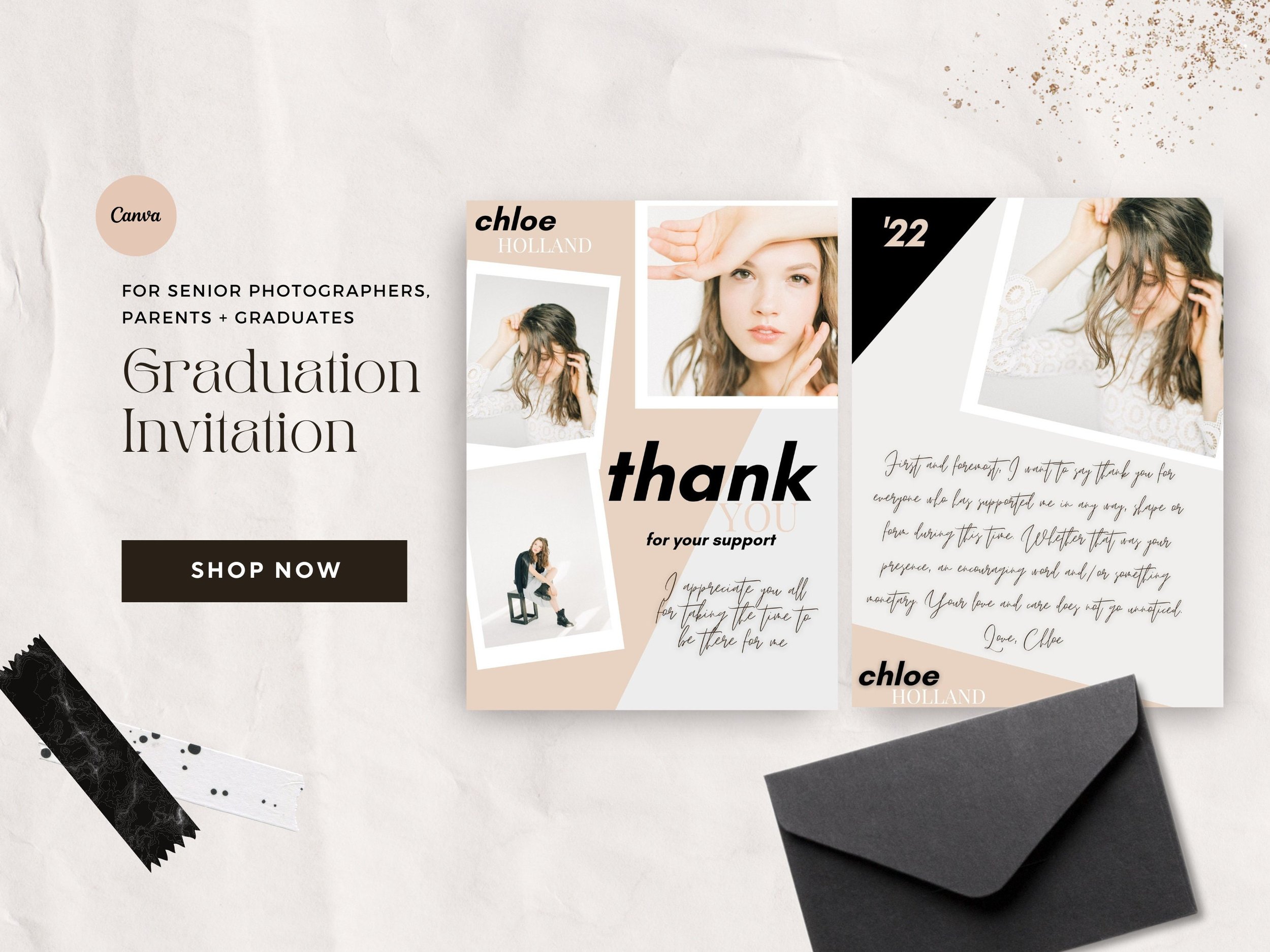Senior Grad Thank you Card Template, editable card, Canva, Senior Photography, Senior Girl, Senior Graduation, Fashion Trendy, Preppy