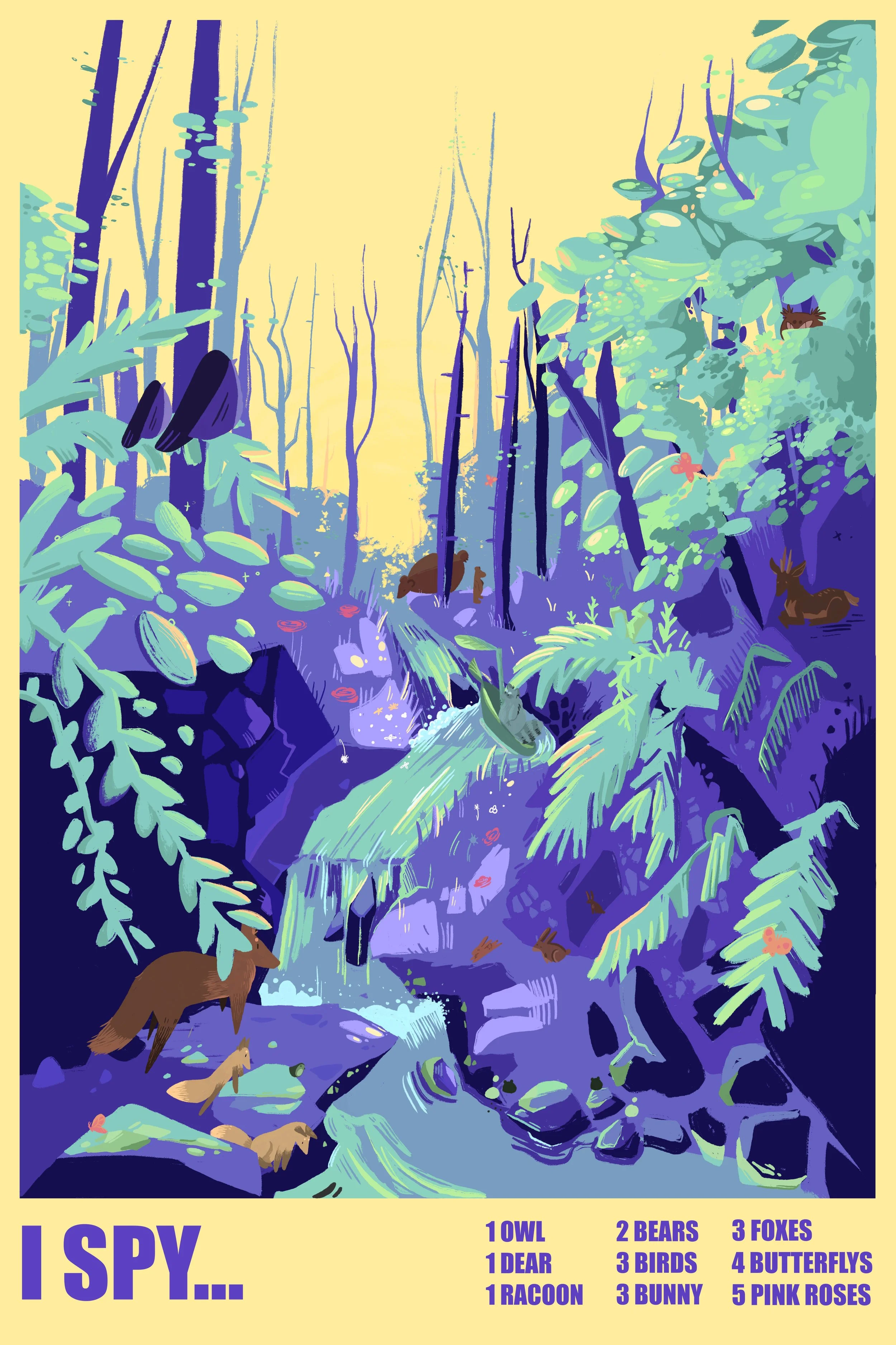 ‘I Spy… A Purple Forest’ is a 24”x36” digital print based on a children’s story that’s currently in the works. A raccoons journey of self discovery as he tries to find his place in this world.