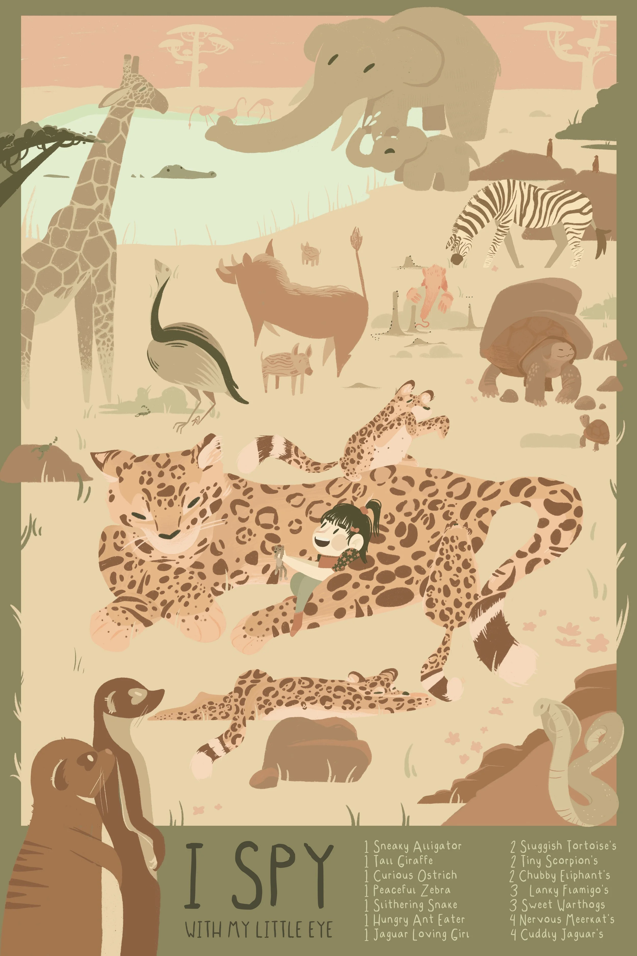 ‘I Spy With My Little Eye.. A Savanah’ is a 24”x36” digital print that was made for my niece Marlee. She’s 3 years old and has a special love for her stuffed leopard Lenny, along with elephants and other African animals.
