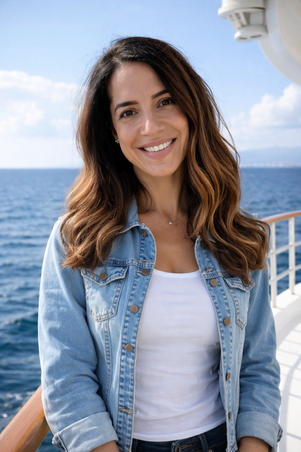 A woman with long wavy brown hair smiling on a boat, wearing a light denim jacket over a white shirt, with the ocean and a partly cloudy sky in the background.