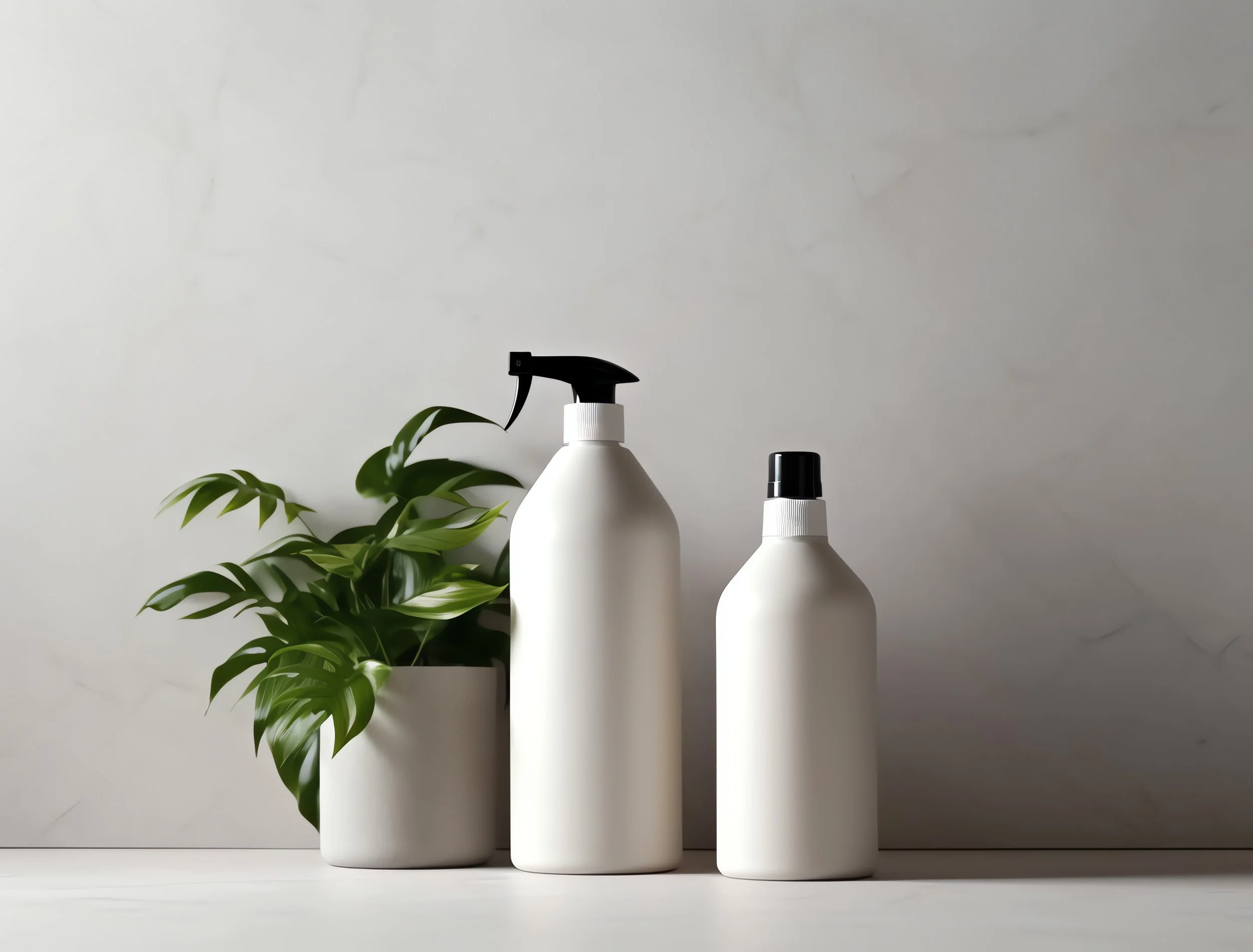 Two white bottles with black caps next to a potted green plant on a white surface, against a light background. Natural cleaners, green cleaning, non-toxic, environmentally friendly.