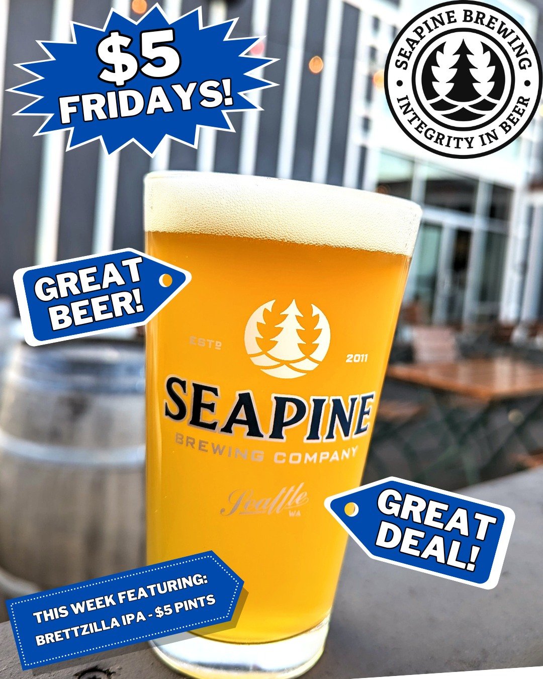 Happy Friday! We're pouring $5 pints of Brettzilla IPA all day, TGIF!
.
.
#seattlebeer #seattlecraftbeer #seattlebrewery #seapinebrewing #wacraftbeer