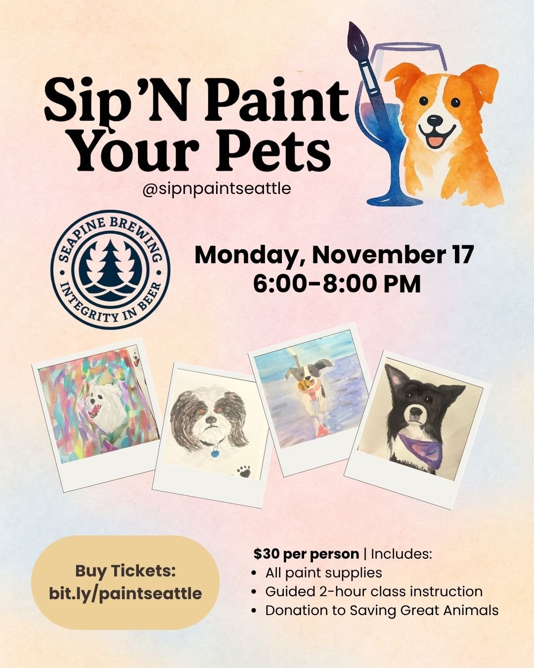 Paint your 🐶 at the taproom: Mon, Nov. 17th, 6-8pm at Seapine! 🍻 @sipnpaintseattle