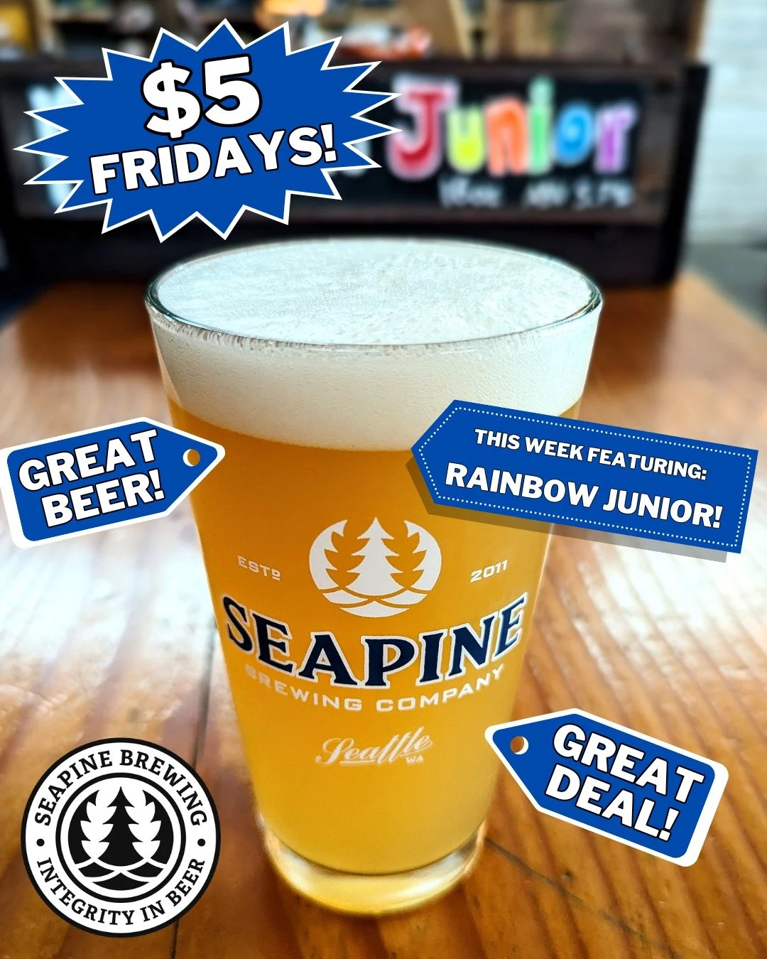 TGIF! We're serving up $5 pints of Rainbow Junior hazy pale all day!