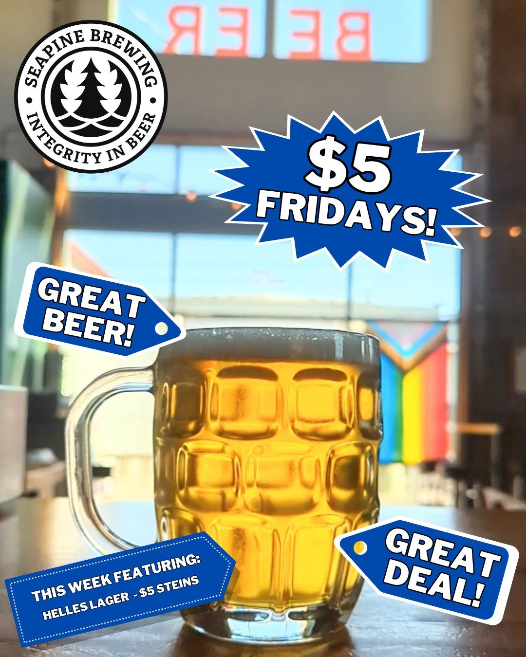TGIF! We're pouring $5 steins of Helles Lager all day! Open 12-10 today, swing by for a pint on your way to the weekend! #seapinebrewing #seattlebeer #seattlebrewery #seattle #craftbeerlife