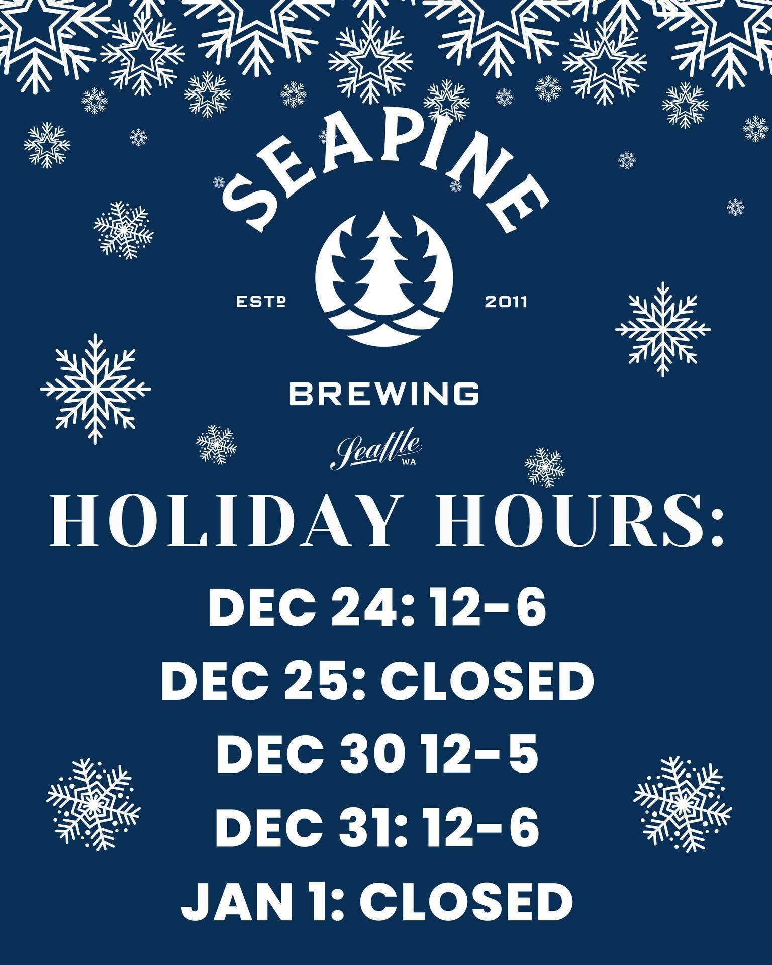 Our taproom will be open 12-6 on Christmas Eve, Closed Christmas Day with regular hours the rest of this week! Happy Holidays!