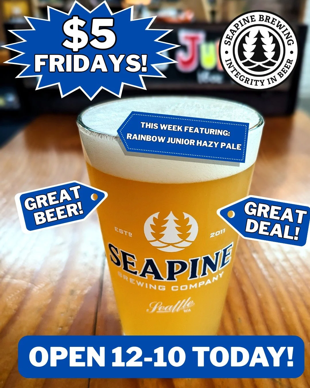 We are open from 12-10 today &amp; regular hours all weekend! Serving $5 pints of Rainbow Junior Hazy Pale all day, cheers! 🍻