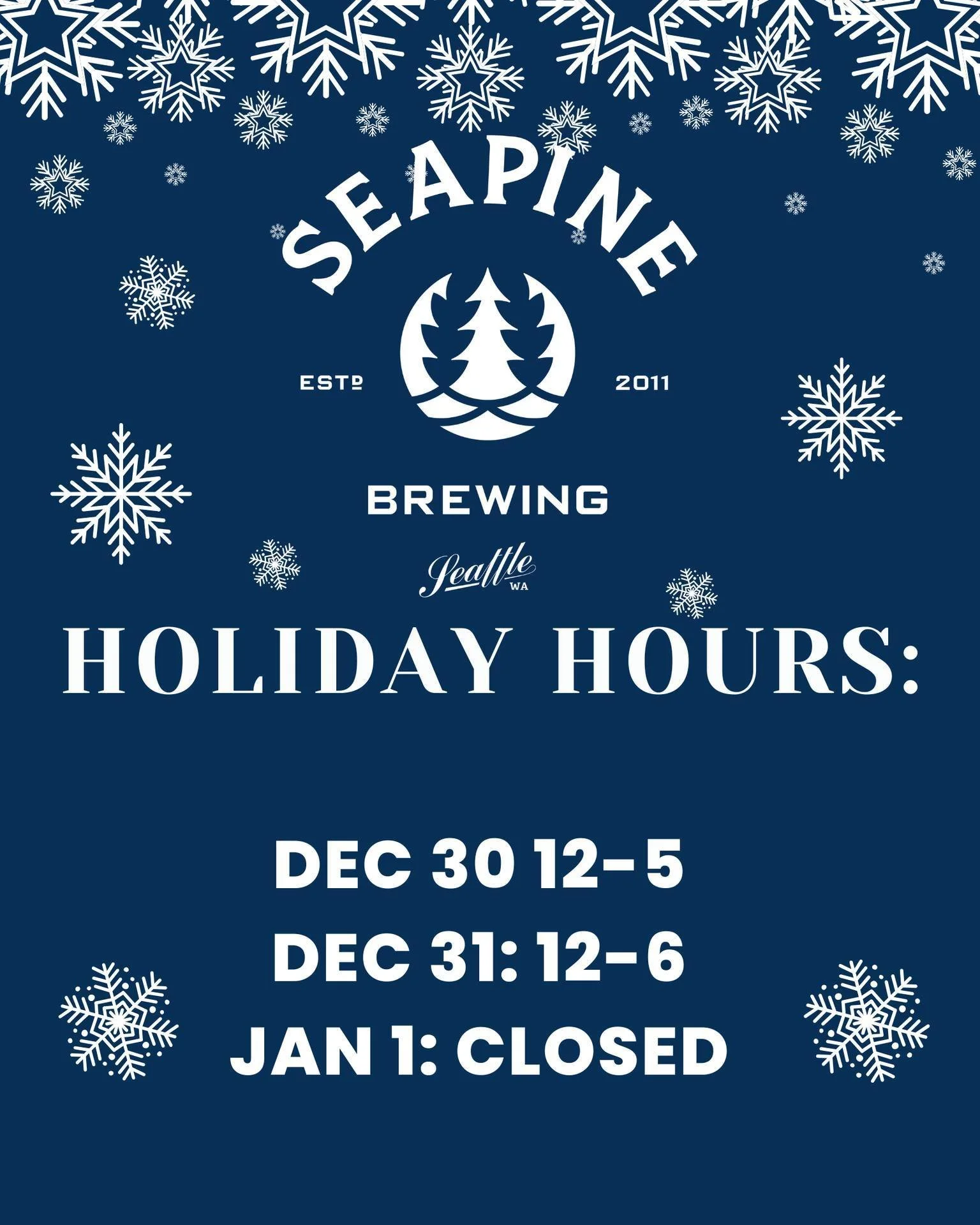 This week we're closing early on Tues &amp; Weds and we will be closed on New Year's Day. Back to regular hours starting Jan 2! Happy New Year!