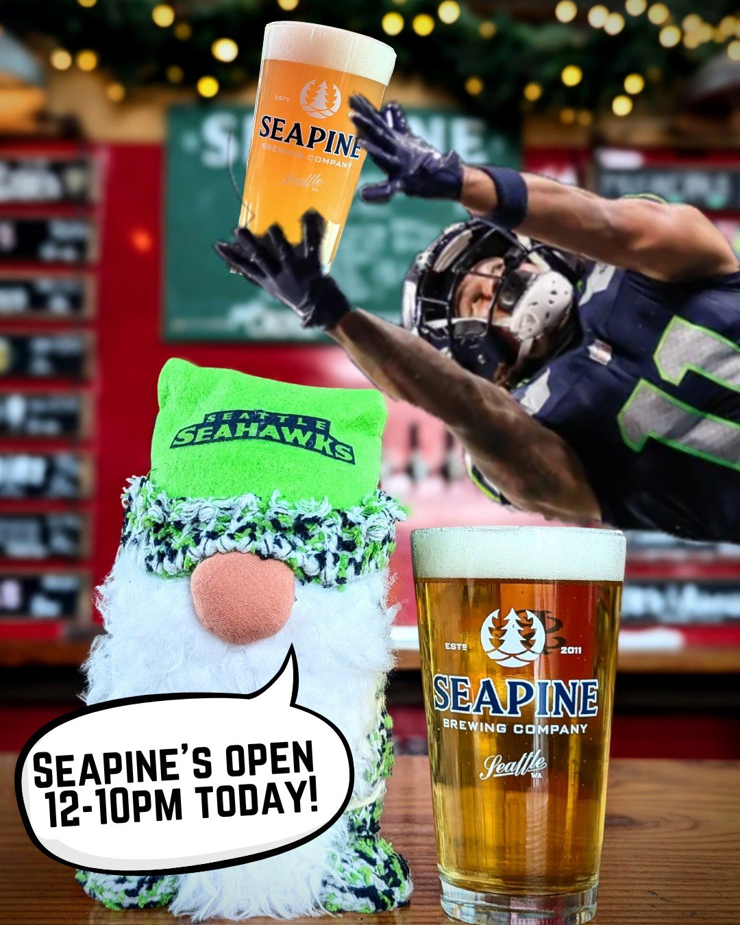 Hawks gameday! Seapine is open from 12-10: grab a beer on your way to the game or watch it in the taproom! $5 light lager steins all day!