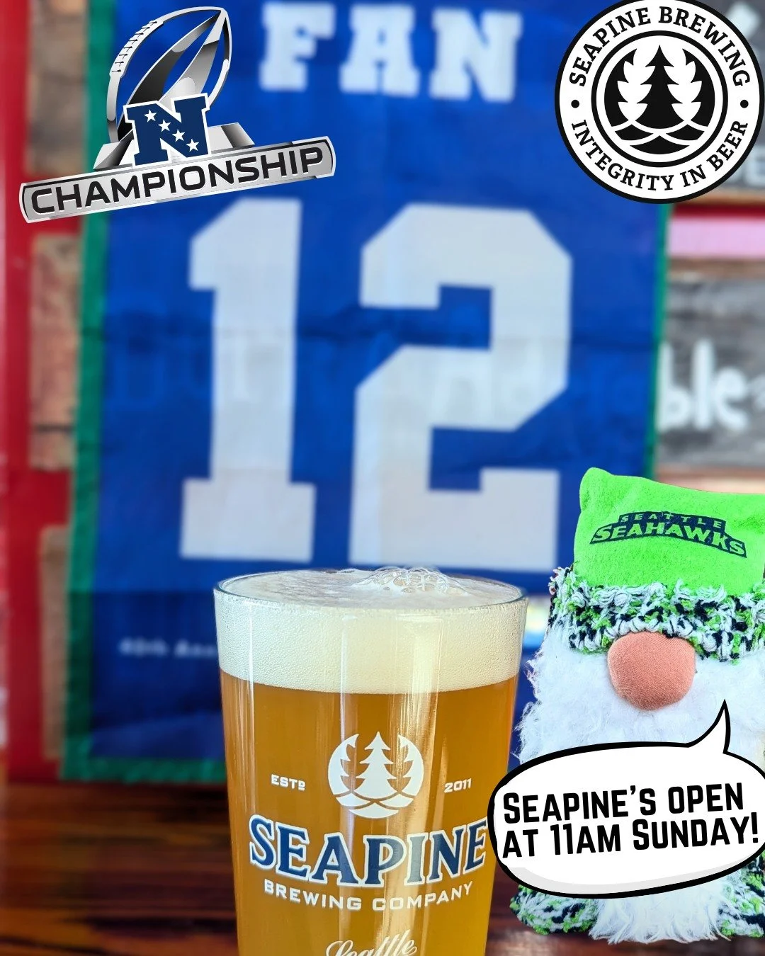 Join us for the NFC title game tomorrow...
Open 11-8, pouring $5 lager steins all day!
Game will be on with sound in the taproom: Let's go Hawks!