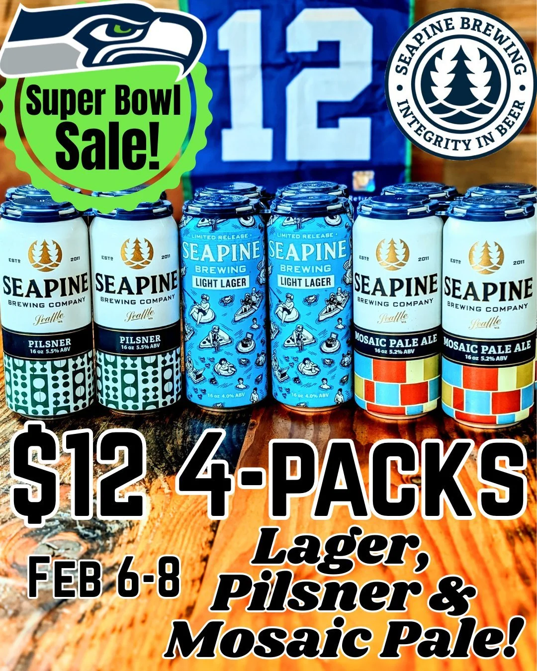 Super Bowl Sale! 🔵🟢🏈 Come on in, 12s, and get some $12 4-packs of lager, pilsner &amp; pale ale this weekend for your Super Bowl party! Offer good Fri-Sun. Let's go Hawks!
#seahawks #seattle #seattleseahawks #seahawksnation #seattlecraftbeer #seat
