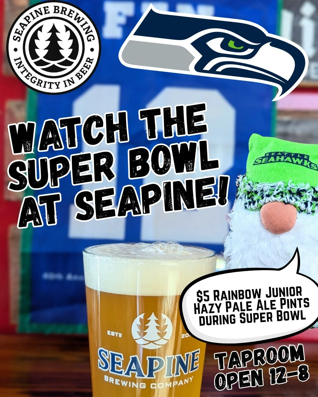 Super Bowl Sunday is here! We're open 12-8 today &amp; pouring $5 pints of Rainbow Junior during the game! 
#Seahawks #seattle #seahawksnation #seattlebrewery