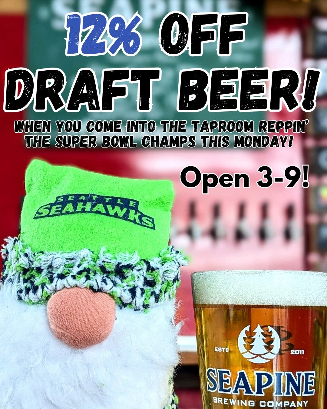 Let's keep the party going, Seattle! Come into the taproom reppin' the Super Bowl champs and get 12% off draft beer today! 🏈🍺🏆 #Seahawks #seattlecraftbeer #seattle #seattleseahawks #seahawksnation