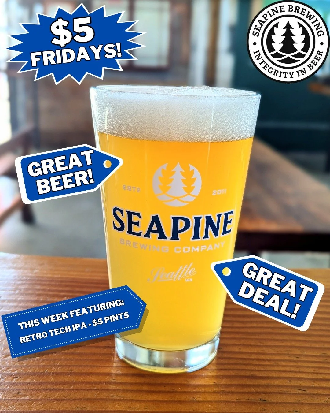 TGIF! We're pouring $5 pints of Retro Tech IPA all day! Taproom open 12-10pm 🍻