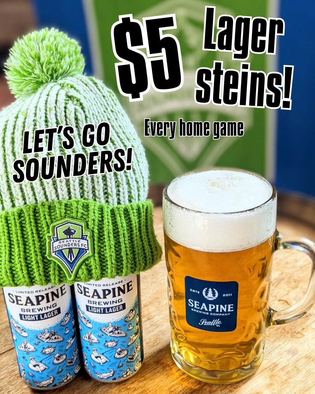 We're excited to welcome back all of you Sounders fans to the taproom before tonight's season-opener! 🍺🟢🔵
Pouring $5 light lager steins all day! #Sounders #Seapinebrewing #soundersmatchday #ebfg #soundersfc #seattlebeer