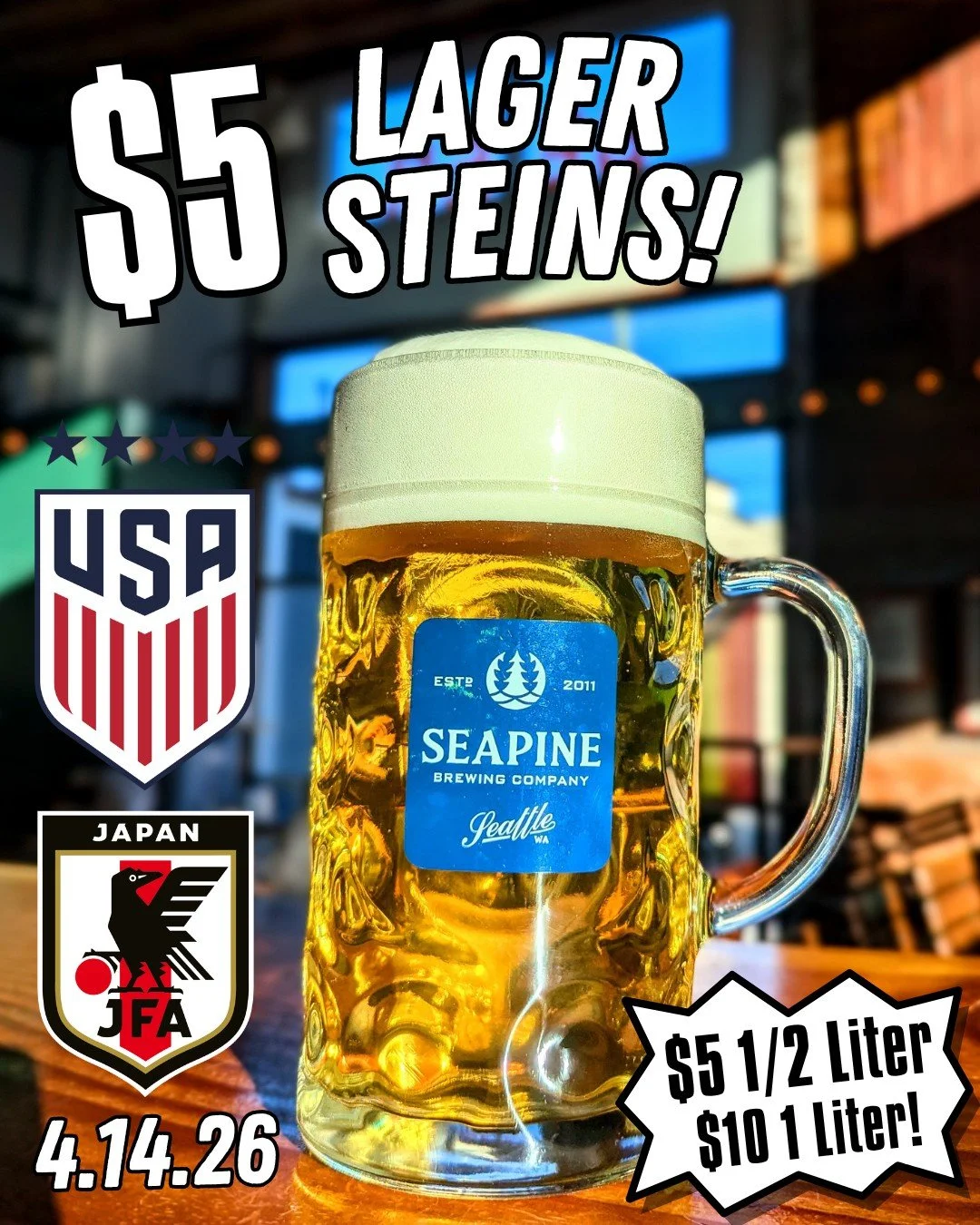 Going to see the #USWNT ⚽ play Japan at Lumen Field tonight? Stop by the taproom for $5 lagers before the match! 🍻 
#USsoccer #Seattle #SeattleSports #seattlereignfc