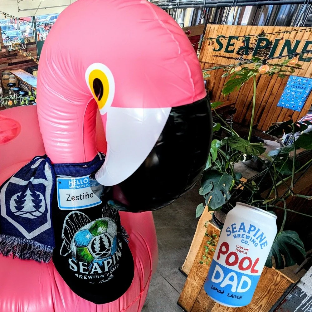 Meet Zesti&ntilde;o! Pool Dad flamingo and Seapine fashionista. He'll be here with some friends on Friday and we'll be giving away a Pool Dad Party Pack to the best photo y'all take with the flock! So get down to Sodo on Friday for some fresh and zes