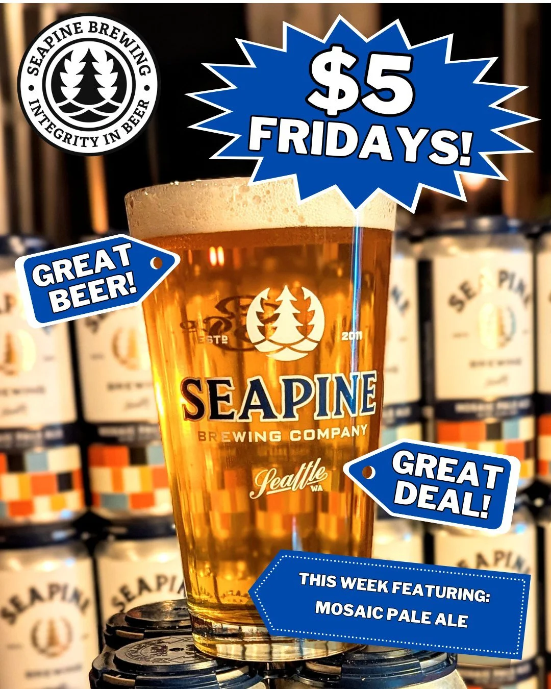 TGIF! We're serving $5 pints of mosaic pale ale today! Get the weekend started at Seapine! 🍻