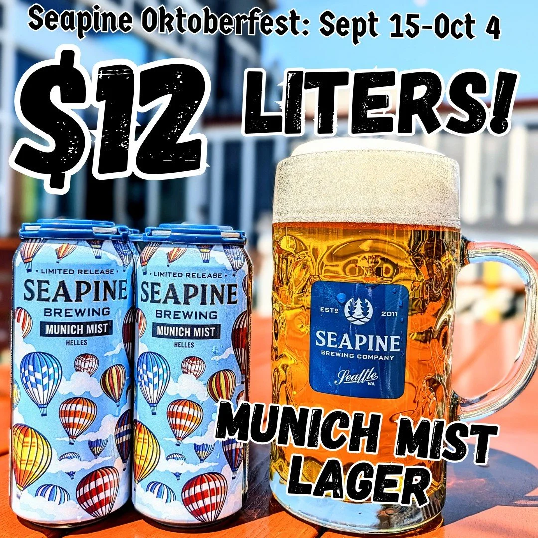 Tis the Oktoberfest season! 🍺 Munich Mist lager is a taste of the German fest season brewed here in Seattle! So we're helping you celebrate with $12 liters &amp; $12 4-packs from Sept 15-Oct 4! 🍻 Prost!
#oktoberfest #seapinebrewing #seattlecraftbee