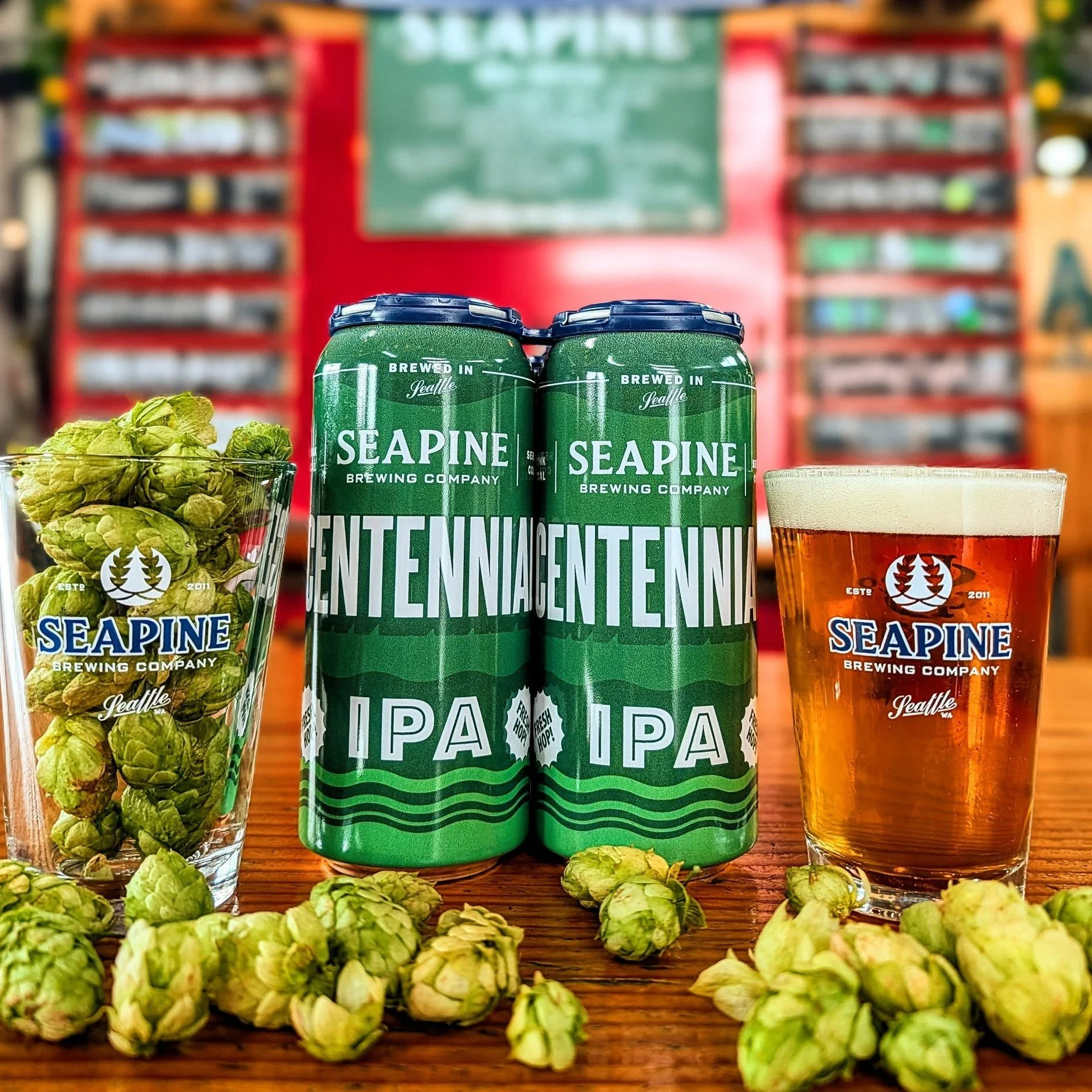 Our first fresh hop offering of the season is here: on tap + 4-packs! 🍺
We packed whole cone centennial fresh hops into the kettle and dry hopped this brew with zappa hops and more centennial. 'Centy' is a crispy west coast IPA that blends grapefrui