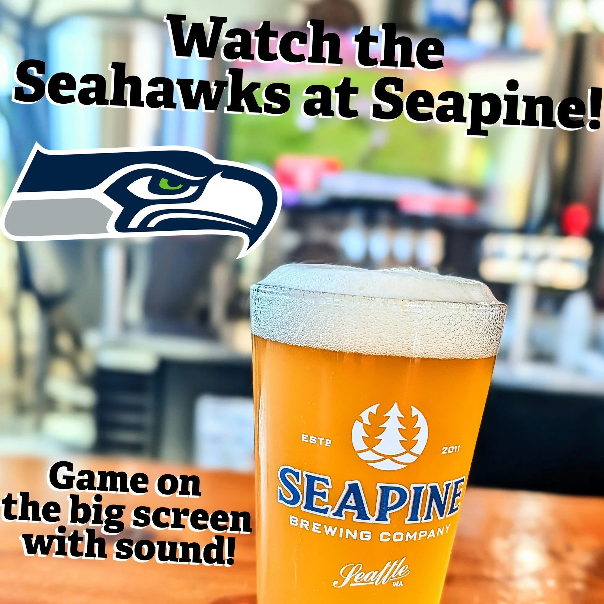 Watch the Seahawks tonight at Seapine! 🔵🟢
We'll have the game on the big screen with sound on for the NFL season kickoff! 🏈🍺
Taproom is open 12-9, and we're serving $5 light lager all day!
#Seahawks #Seattle #seattleseahawks #seattlebrewery