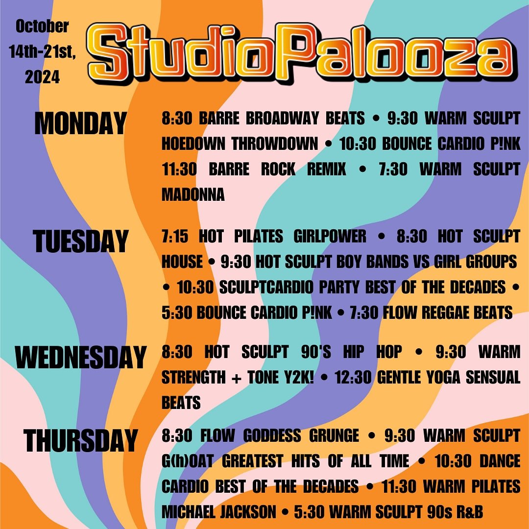 STUDIOPALOOZA LINEUP IS LIVE!!! Join us next week as we celebrate our 1 year anniversary with an entire week of themed classes, each theme chosen with love by your favorite studio instructors! Sign up now while spots last. We are so grateful for your