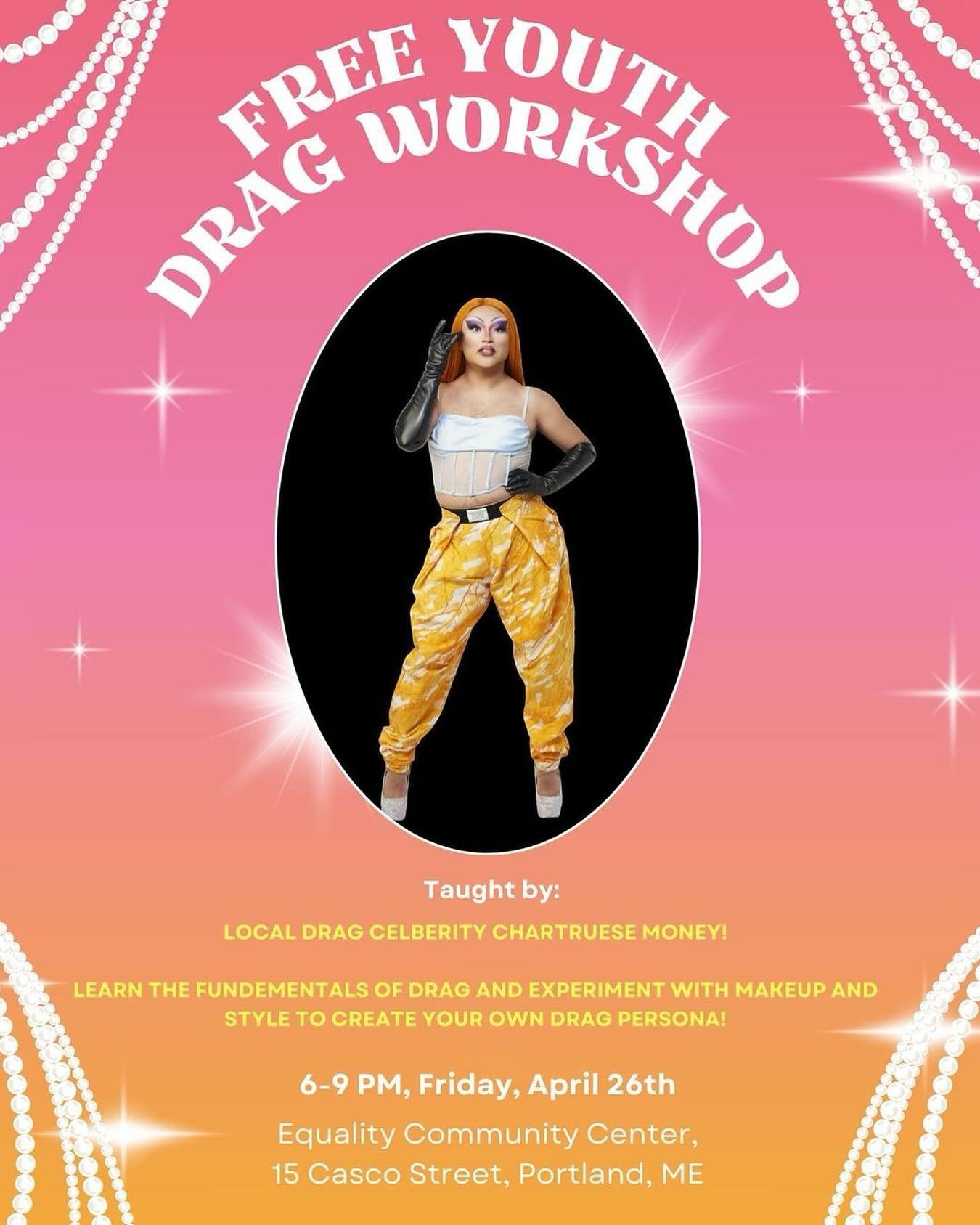 Posted @withregram &bull; @yoqcmaine Come hang out this Friday with Chartreuse Money at the Equality Community Center in Portland to learn about drag and experiment with makeup, dance, style, and more! Ages 13-20.